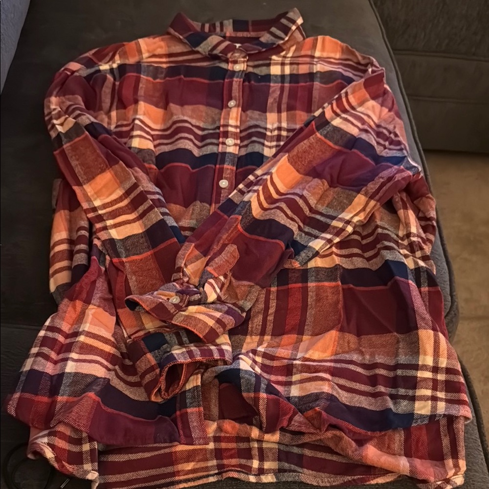 Casual Red and Orange Plaid Soft Button Down Shirt